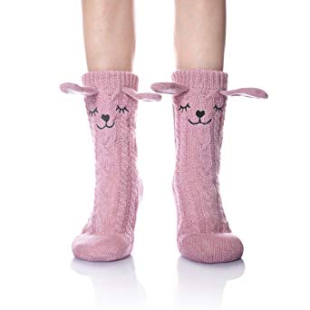 Velice Women's Soft Cute Cable Knit Animal Warm Fuzzy Fleece Lining Winter Cozy Home Slipper Socks