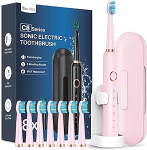 Brosses à Dents Électriques Soniques avec 8 Têtes - Brosse à Dents Électrique Adultes avec Étui de Voyage, 5 Modes et IPX7, Brosses à Dents Électriques à Ultrasons pour Famille Voyager, Rose Cerise