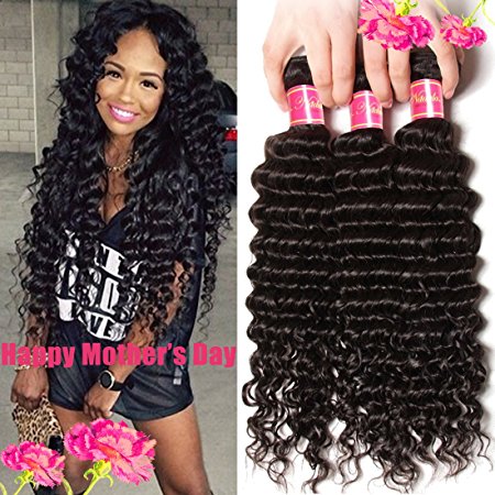 Nadula 6a Remy Virgin Brazilian Deep Wave Human Hair Extensions Pack of 3 Unprocessed Deep Wave Weave Natural Color Mixed Length 18inch 20inch 22inch