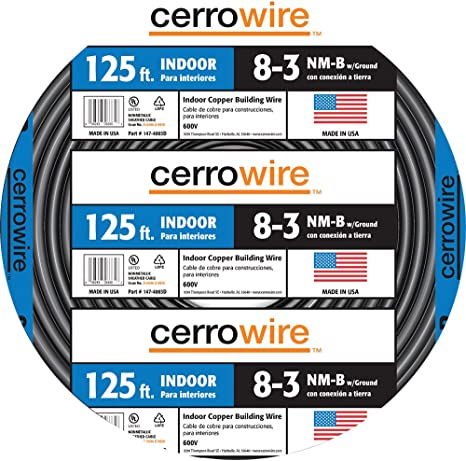 Cerrowire 147-4003D 125-Feet 8/3 NM-B Stranded with Ground Wire, Black