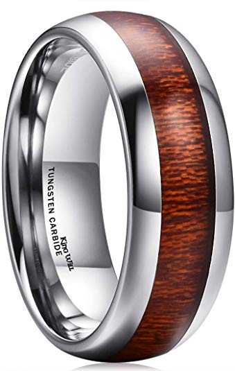 King Will Nature 8mm Domed Koa Wood Tungsten Carbide Ring Wedding Band Polished Finish Comfort Fit