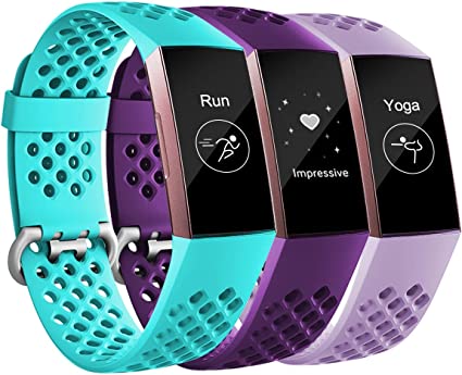 Maledan Bands Compatible with Fitbit Charge 3 and Fitbit Charge 4, Breathable Sport Band Replacement Wristbands with Air Holes for Charge 4/ Charge 3/ Charge 3 SE Fitness Tracker Women Men, 3-Pack