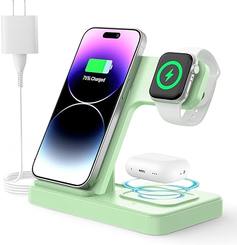 Charging Station for Apple, 3 in 1 Wireless Charger for iPhone, Fast Wireless Charger Stand Compatible with Apple Watch, iPhone 14 13 12 11 Pro Max Mini Plus SE X XS 8 Plus & AirPods(Green)