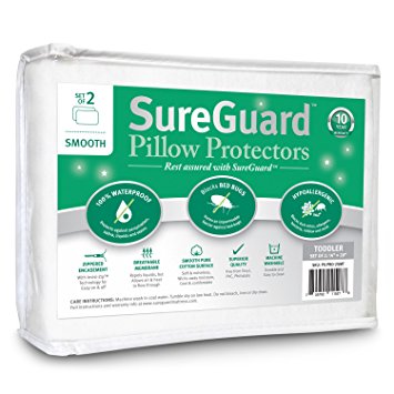 Set of 2 Smooth SureGuard Pillow Protectors - 100% Waterproof, Bed Bug Proof, Hypoallergenic - Premium Zippered Cotton Covers - 10 Year Warranty - Toddler/Travel Size