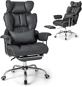 Giantex Office Desk Chair, Big and Tall Executive Office Chair with Foot rest and Lumbar Support, High Back Leather Swivel Computer Task Chair, Large Ergonomic Reclining Home Office Chair, Gray