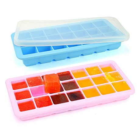 HomeLives Silicone Ice Cube Trays with Lid, 21 Cubes per Ice Tray, Flexible Rubber Ice Cube Mold for Your Whiskey, Cocktail or Iced Coffee, Random Color (Set of 2)