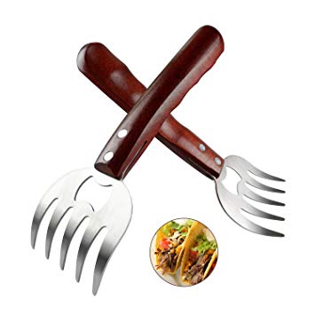 AIYUE Meat Shredding Claws, Stainless Steel Pulled Pork Shredder Meat Claws for BBQ, Shredding, Pulling, Handing, Lifting & Serving Pork, Turkey, Chicken with Long Wood Handle (2 PCS,BPA Free)