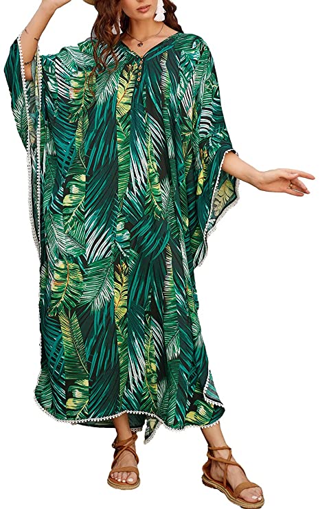 Bsubseach Women's Print Turkish Kaftan Beachwear Bikini Cover Up Maxi Dress