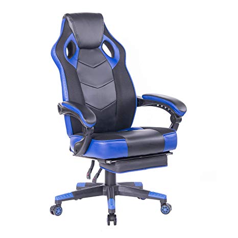 Healgen Gaming Chair with Footrest Racing Computer PC Chair Ergonomic High Back Swivel Executive Office Chair Mesh Leather Reclining Desk Chair Blue