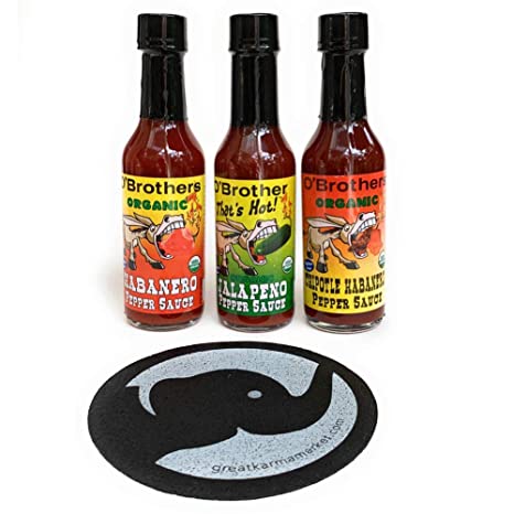 O'Brothers Organics Certified USDA Organic Jalapeno, Habanero & Chipotle-Habanero Hot Pepper Sauce 3 Pack 5 oz ea flavor | Gluten Free Made in USA & Great Karma Market 100% Recycled Rubber Jar Opener