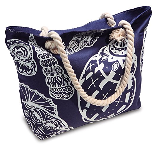Beach Bag With Inner Zipper Pocket - Medium Sized Mesh Cotton Tote Bag with Sea Shell Pattern & Bonus Phone Dry bag