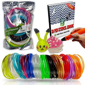 3D Pen Filament Refills - 12 Different Colors - 240 Linear Feet Total - FREE 100 Plus Stencil Ebook FREE - 3 GLOW in the dark - 1.75mm High Quality ABS