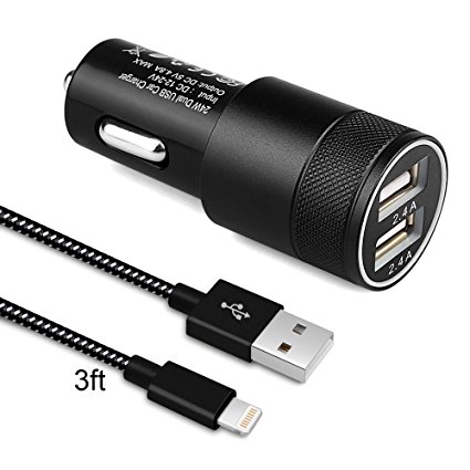 Airsspu Car Charger,Rapid Dual Port 24W 4.8A USB Car Charger 3FT Apple Lightning Cable Adapte to USB Cable for iPhone 7/7 Plus,6/6S/6 Plus/6S Plus,5S/5,iPad,iPod Nano 7(Black)