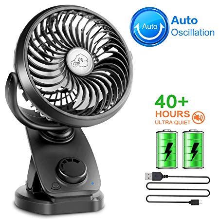 Battery Operated Clip on Stroller Fan - 40 Hours Portable Desk Mini Fan with Rechargeable 4400mA Battery, USB Powered Auto Oscillating Fan for Baby Stroller Home Office Outdoor Travel (2019 Upgrade)