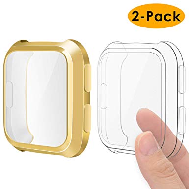 EZCO Compatible Fitbit Versa Screen Protector Case (2-Pack), Soft TPU Plated Case All-around Protector Screen Cover Bumper Compatible Fitbit Versa Smart Watch, Gold Clear