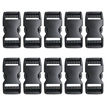Dual Adjustable Buckles - Quick Side Release Plastic Buckle Clips for Luggage Straps, Pet Collar, Backpack Repairing - 1 Inch, Pack of 10, Black, by Beaulegan