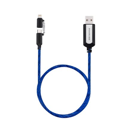 Poweradd 2 in 1 USB Sync Data Cable Charging Cable with Flowing EL Light Cord and Apple MFi Certified for Micro and Lightning Cell Phone and Tablet 33ft - Blue