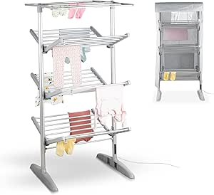 Minky SureDri 4 Tier Heated Clothes Airer with Cover, Built in Timer, Electric Clothes Dryer, Heated Airer, Clothes Horse, 23m Capacity, Silver, 147 x 73.5 x 71cm