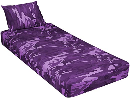 Gilbin Jersey Knit 2 pc. Cot Size Camp Sheet & Pillowcase (Purple Camouflage)