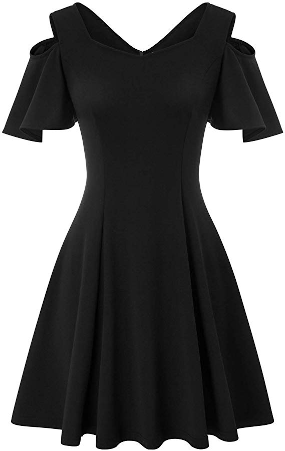 JASAMBAC Women's Cold Shoulder Ruffle Sleeve A-line Skater Dress Cocktail Party Dress
