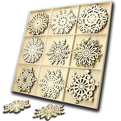 27pcs Wooden Snowflakes Ornaments-Wood Ornament Shapes,Unfinished Wood Crafts for Home Decor Blanks,Christmas Tree Hanging Ornament Sets Embellishments with Natural Twine Kits (9 Snowflake Styles)