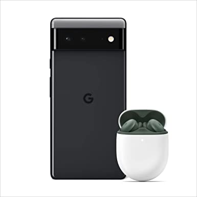 Google Pixel 6 - Unlocked Android 5G Smartphone 128 GB, Stormy Black   Pixel Buds A-Series Wireless Earbuds, Dark Olive