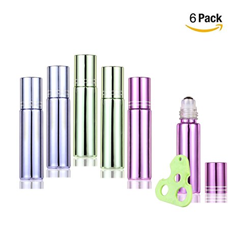 Olilia Glass Roll on Bottles with Metal Roller Balls - Essential Oils Key included 6 Pack of 10ml(1/3oz) Mixed Color