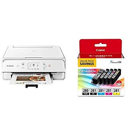 Canon PIXMA TS6220 Wireless All in One Printer with Mobile Printing, White and PGI-280 / CLI-281 5 Color Ink  Pack