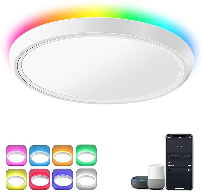 Smart Ceiling Light Fixtures - HueLiv Flush Mount Wi-Fi LED RGBW Lighting Compatible with Alexa & Google Home Dimmable for Bedroom | Living Room | 2200LM | App Control, 12 Inch 24W