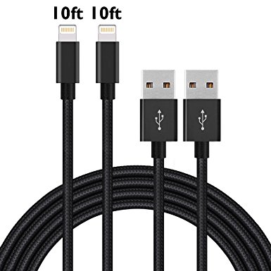 Jpinbo 2PCS 10ft Nylon Braided Charging Cable Cord 8-Pin Lightning to USB Cable Charger Compatible with iPhone 7/ 7 Plus/6/6s/6 plus/6s plus, iPhone 5/5s/5c,iPad, iPod and More (Black) (Black)