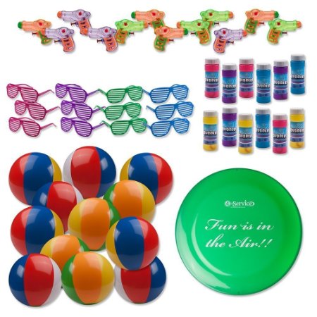 Beach Toys Assortment. 12 Shutter Shade Sunglasses, 12 Squirt Guns, 12 Beach Balls, 12 Bubble Bottles and 9" Frisbee