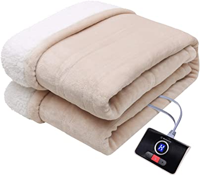 Westinghouse Electric Blanket Twin Size 62"x84" Heated Throw Flannel to Sherpa Reversible Heating Blanket, 10 Heat Settings & 12 Hours Auto Off, Machine Washable, Beige