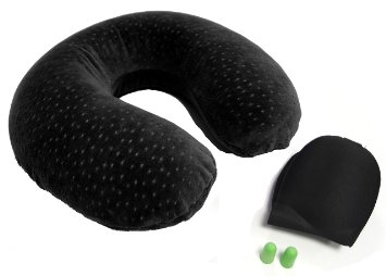 MORETON Memory Foam Travel Pillow with Sleep Eye Mask, Earplugs and Carry Bag (Black)