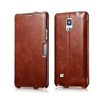I-CARER Galaxy Note 4 Case, X-CASE [Vintage Classic Series] [Genuine Leather] Flip Cover Folio Case [Simple Stand], Corrected Grain Leather Case [1 Card Slot] with Magnetic Closure for Samsung Note 4 (Retro Brown)