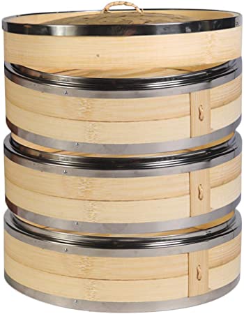Hcooker 3 Tier Kitchen Bamboo Steamer with Double Stainless Steel Banding for Asian Cooking Buns Dumplings Vegetables Fish Rice