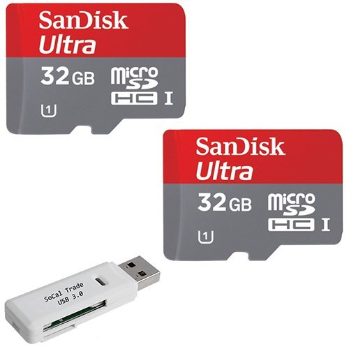 SanDisk 64GB (32GB x2)MicroSD HC Class 10 UHS-1 SDSDQUA-032G Ultra Fast Speed Memory Card with SoCal Trade, Inc. USB 3.0 MicroSD & SD Memory Card Reader