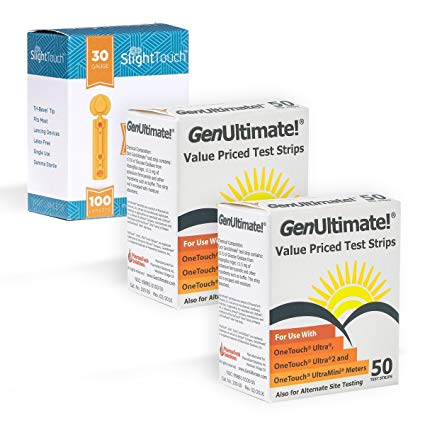 GenUltimate Blood Glucose Test Strips For Use with One Touch Ultra Meters - 2 Pack With 100 Slight Touch Lancets