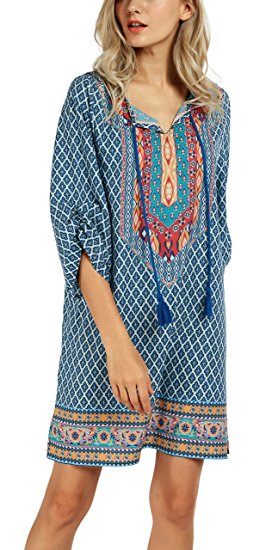 Urban CoCo Women Bohemian Neck Tie Vintage Printed Ethnic Style Summer Shift Dress