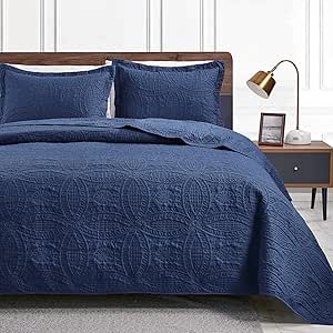 Love's cabin Quilts for Queen Bed Navy Blue Bedspreads - Soft Bed Summer Quilt Lightweight Microfiber Bedspread- Modern Style Coin Pattern Coverlet for All Season - 3 Piece (1 Quilt, 2 Pillow Shams)