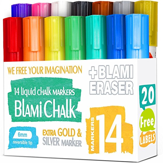 Chalk Markers with extra gold and silver ink from Blami Arts. Set of 12 shiny neon liquid chalk pen with reversible bullet and chisel fine tip. Free Your Imagination with unique paint colored glass markers Now!