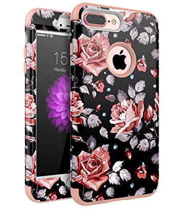 XIQI iPhone 7 Plus Case, iPhone 8 Plus Case Flower Three Layer Heavy Duty Shockproof Cute Girls Woman Anti-Scratch Protective Case Cover for iPhone 7 Plus /iPhone 8 Plus 5.5 inch,Rose Gold Roses