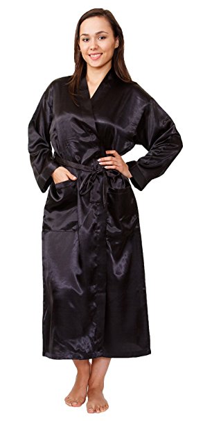 Women's Long Satin Robe in Black Color, Sizes(M,L,XL), Up2date Fashion Style-Gwn14