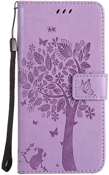 iPhone 8 Plus Case,iPhone 7 Plus Case,Wallet Case,PU Leather Case Floral Tree Cat Embossed Purse Kickstand Flip Cover Card Holders Hand Strap for iPhone 7 Plus/iPhone 8 Plus [5.5 Inch] Light Purple