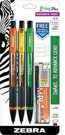 Zebra Pen Z-Grip Plus Mechanical Pencil, 0.7mm, Bonus Lead and Erasers, Assorted Barrel Colors, Blue, Pink, Black, 3 Pack