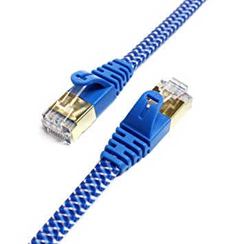 Tera Grand - 50FT - CAT7 10 Gigabit Ethernet Ultra Flat Patch Cable for Modem Router LAN Network - Braided Jacket, Gold Plated Shielded RJ45 Connectors, Faster Than CAT6a CAT6 CAT5e, Blue & White