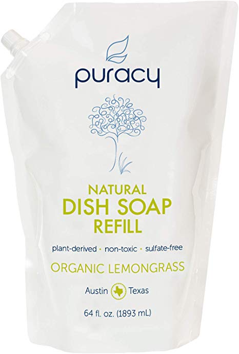 Puracy Natural Dish Soap Refill, Organic Lemongrass, Sulfate-Free Liquid Detergent, 64 Ounce