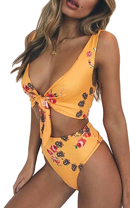 ECOWISH Womens Sexy Tie Knot Front Floral Bikini Set Swimsuit Thong Bandage High Waist Beachwear