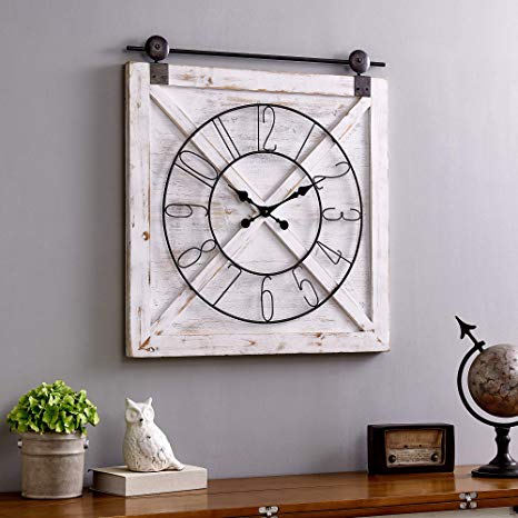 FirsTime & Co. Farmstead Barn Door Wall Clock, 29"H x 27"W, Whitewash, Metallic Gray, Black