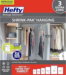 Hefty Shrink-Pak Hanging Vacuum Storage Bags – For Clothes, Pillows, Towels, Blankets & More – Space Saver Vacuum Suction Sealer Bags for Home or Travel – 3 Extra Long Hanging Bags, 60 x 27 Inches