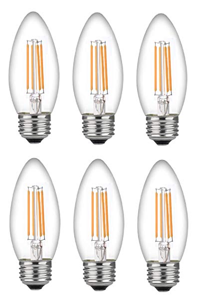 Bioluz LED 60 Watt Candelabra Bulbs Medium Base, Candelabra Bulbs, Dimmable Filament Clear 60 Watt LED Bulbs (Uses only 4.5 watts), E26 Base, C37 LED Filament Candle Bulbs, Pack of 6